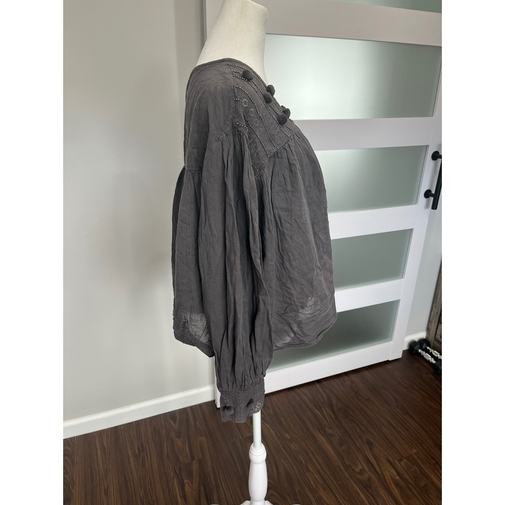ZARA TRF Collection Gray Long Sleeve Boho Pom Pom Beaded Button Up Blouse Top - Picture 3 of 11